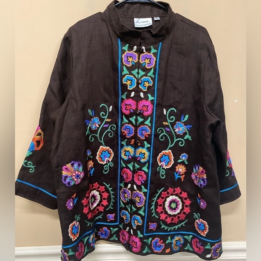 Linea by Louis Dell’Olio Embroidered Floral Linen Jacket Top Brown Size 1X